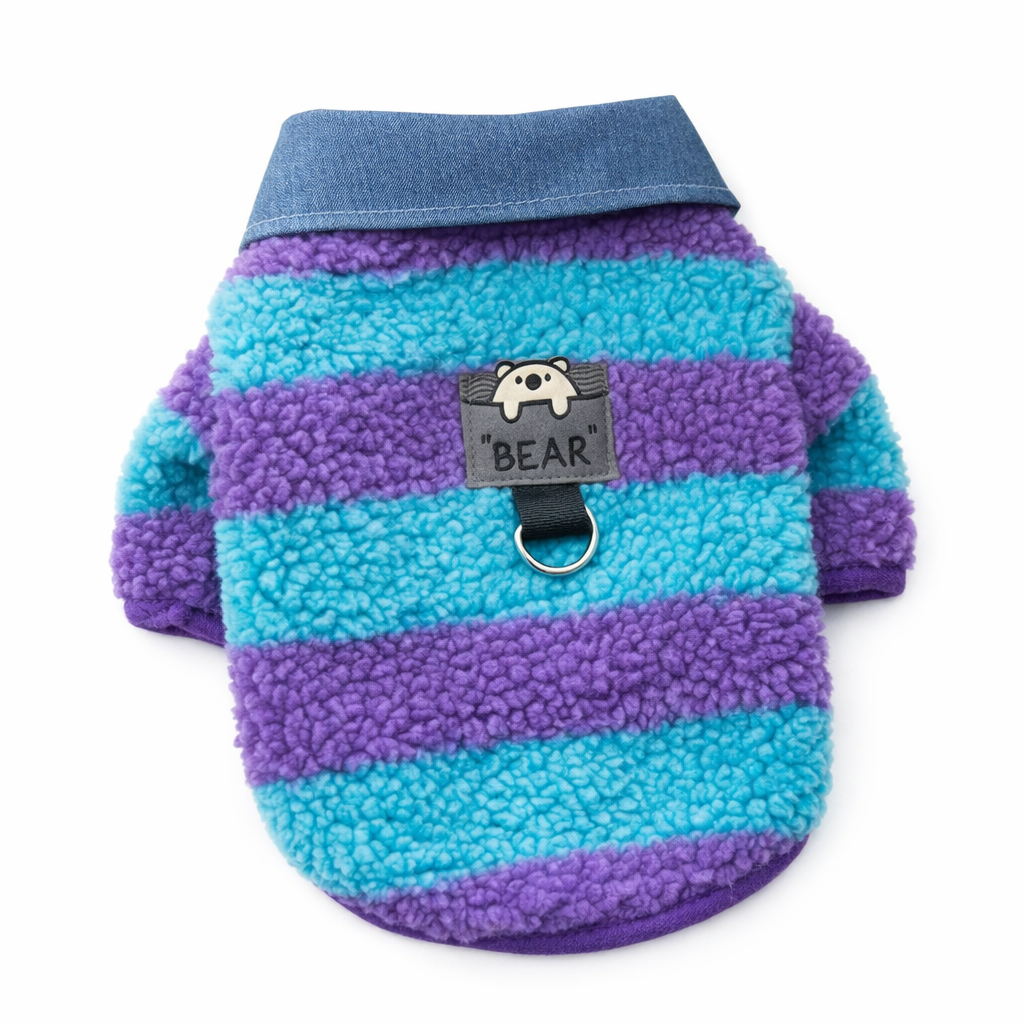 Bear Patch Sherpa Dog Jacket – Denim Collar Winter Pet Coat