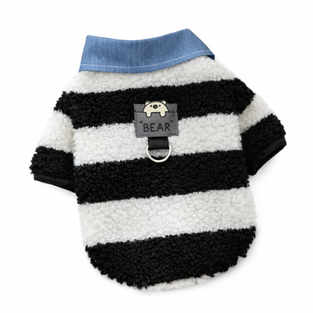Bear Patch Sherpa Dog Jacket – Denim Collar Winter Pet Coat