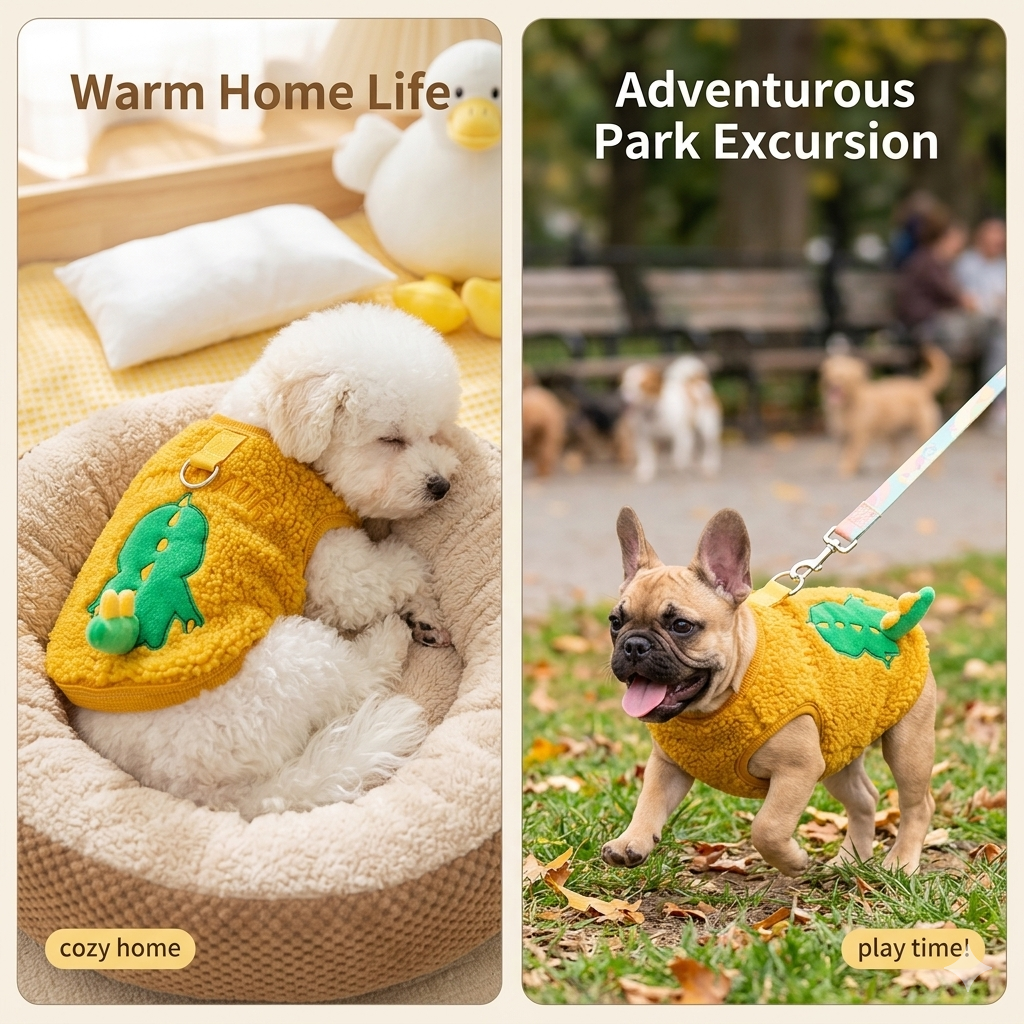 Dinosaur Sherpa Dog Jacket with D-Ring – Warm Winter Pet Coat