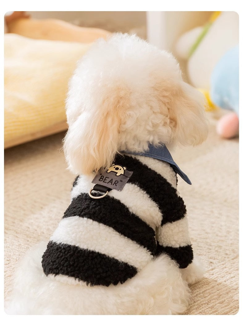 Bear Patch Sherpa Dog Jacket – Denim Collar Winter Pet Coat