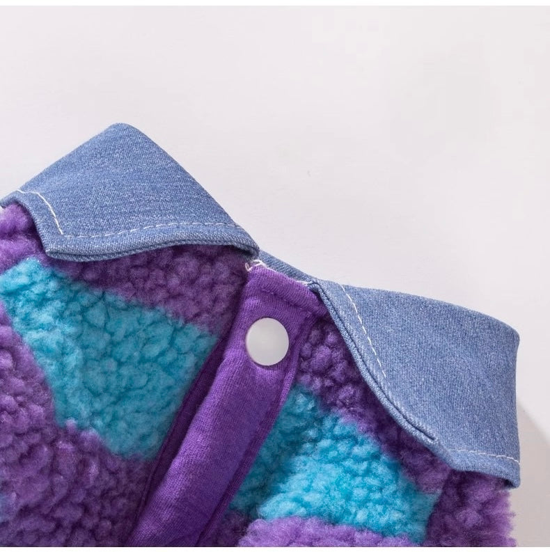 Bear Patch Sherpa Dog Jacket – Denim Collar Winter Pet Coat